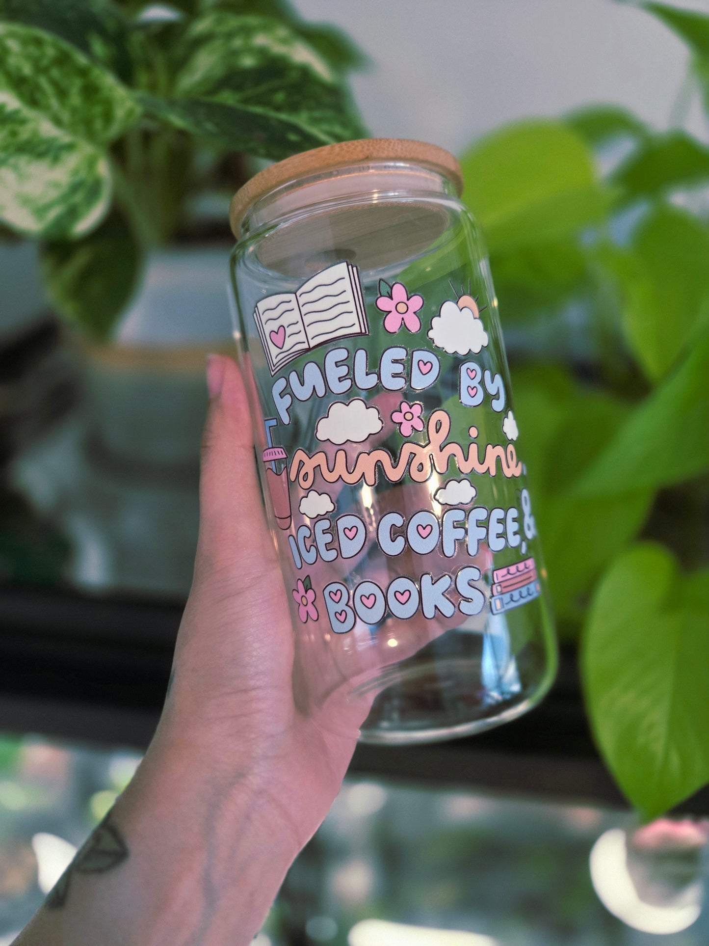 16 oz glass cup | Fueled by Sunshine, iced coffee and books | Cute custom cup