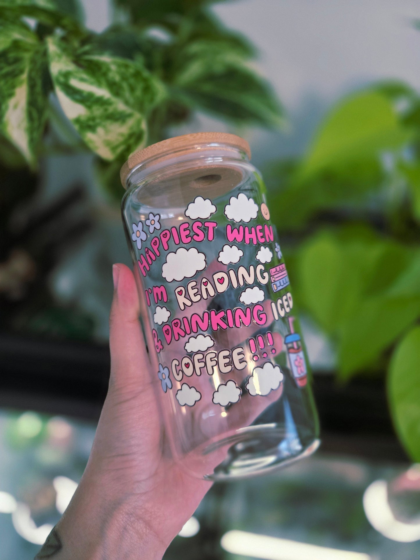 16 oz Glass Cup - Happiest when reading