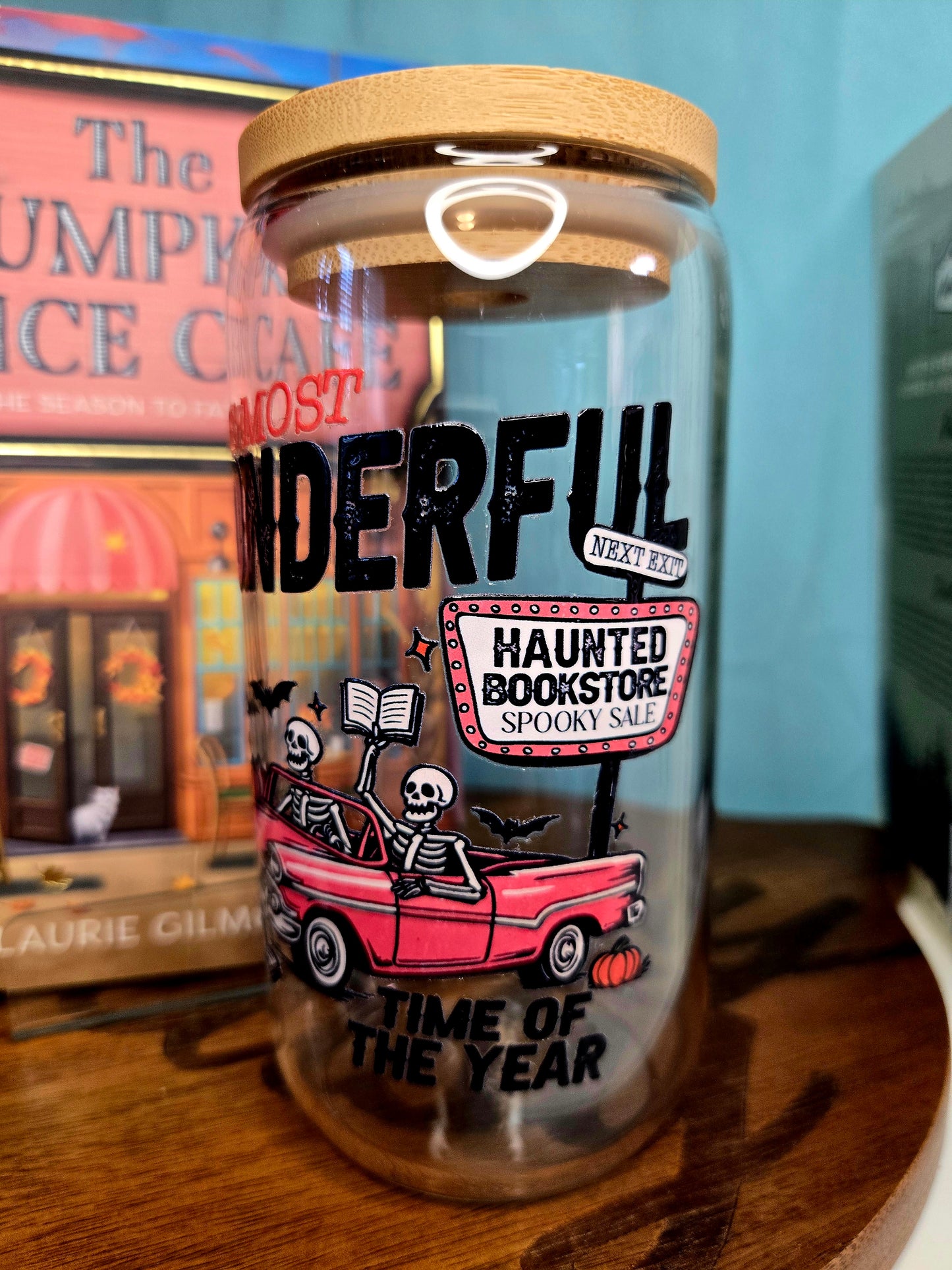 16oz Glass Cup- Haunted Bookstore
