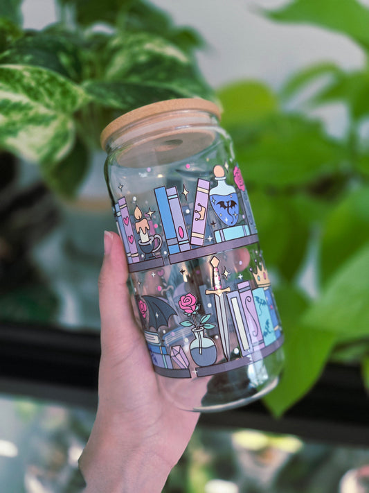 16 oz glass cup | Fantasy Bookshelf